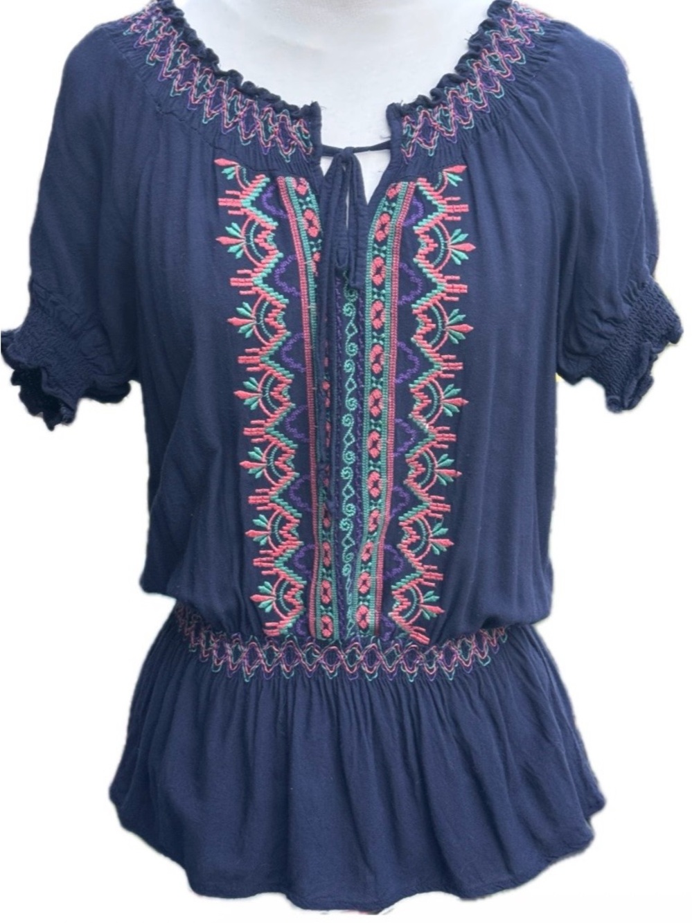 Ciel Embroidered Navy Peasant Top with a Dropped Waist and Coral & Teal Accents